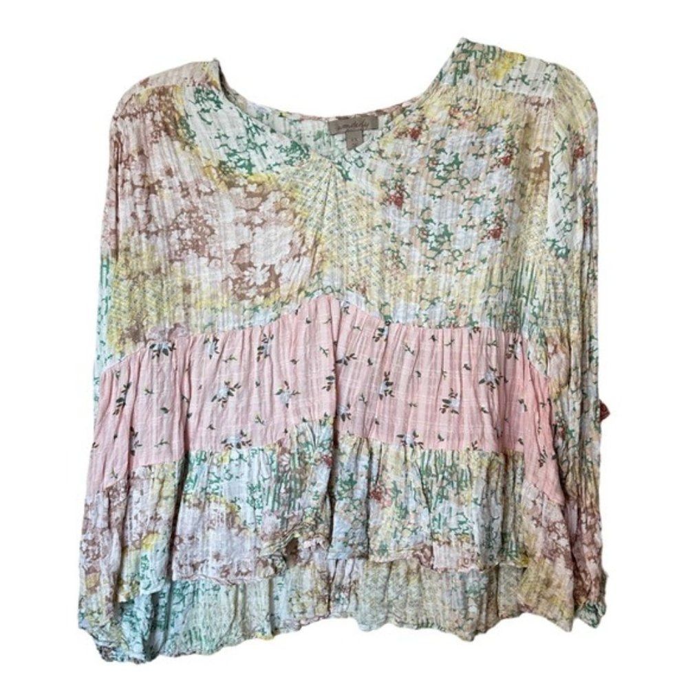 Wonderly Pastel Pattern Print Peasant Crop Top Mixed Fabric Gauze Top 0X